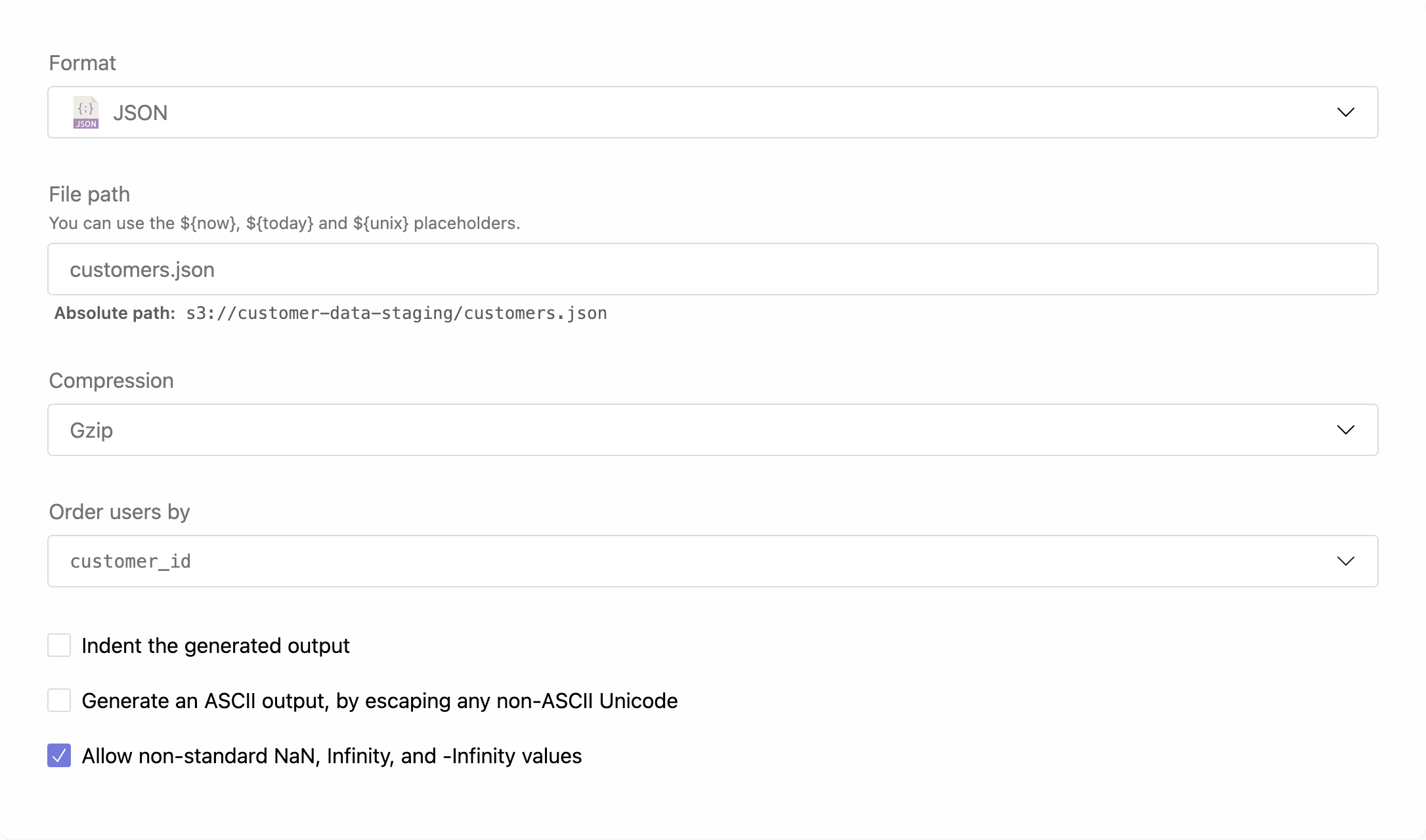 JSON format settings