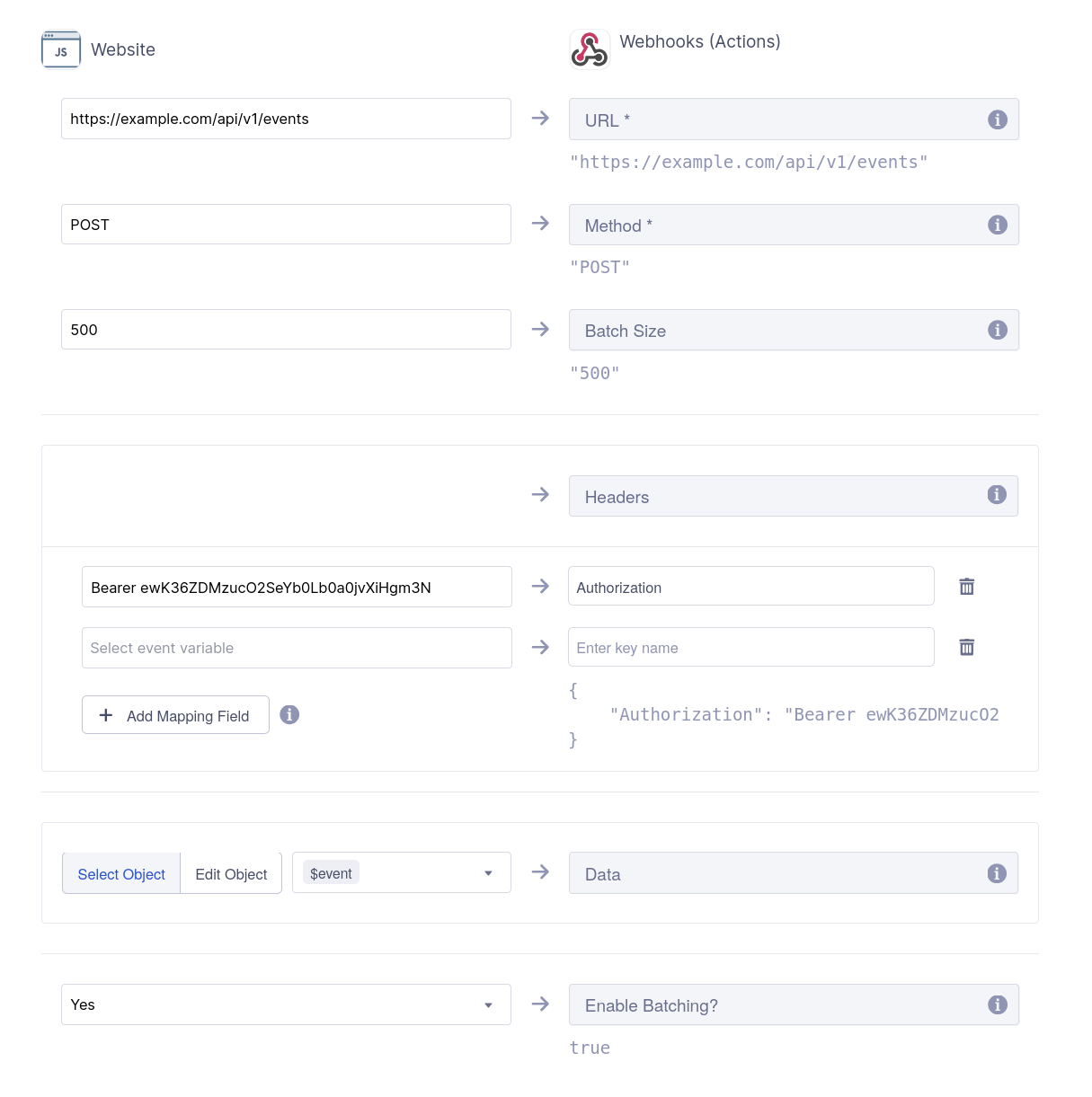 Segment webhook destination configuration example
